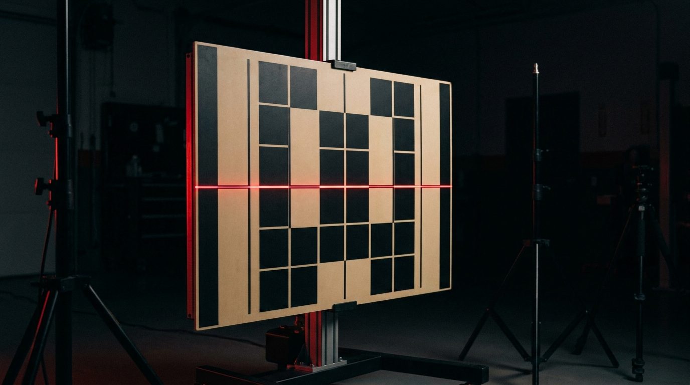A geometric ADAS calibration target board on a stand in a dark garage bay, a single red laser alignment line crossing its center, dramatic low-key lighting, shallow depth of field