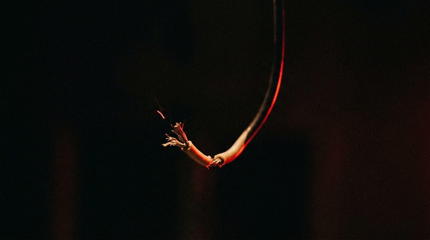 A single exposed wire sparking in the dark, disconnected from its source, representing a broken connection between an ad and its audience