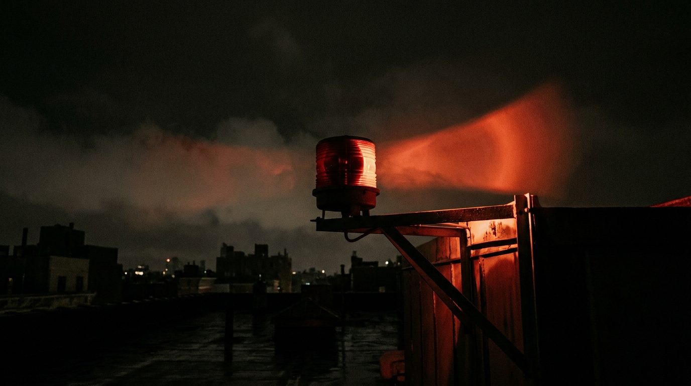 A single red rotating beacon light on a dark rooftop at night, its beam sweeping through low clouds above a silhouetted city skyline