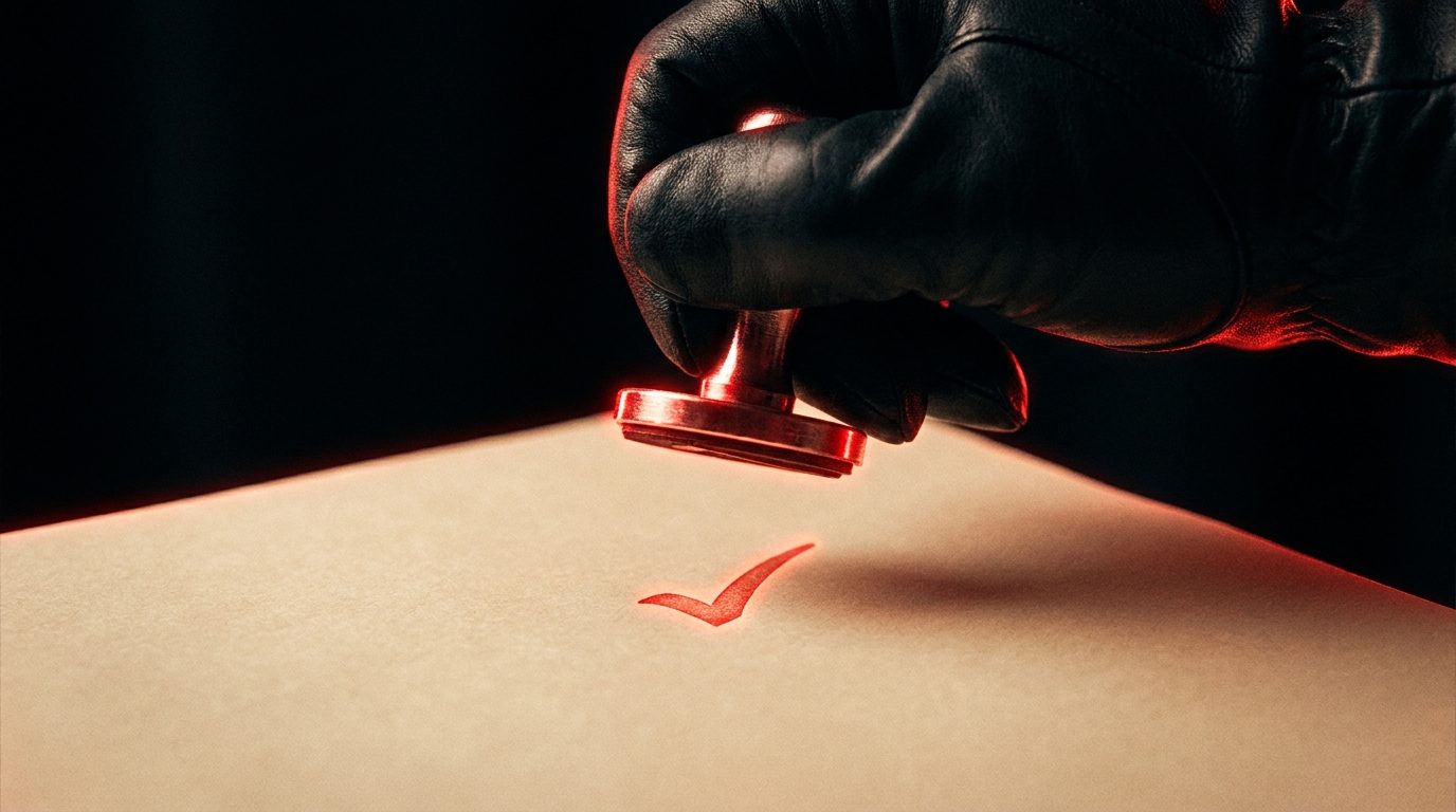 Gloved hand pressing a glowing red checkmark stamp onto a blank dark surface