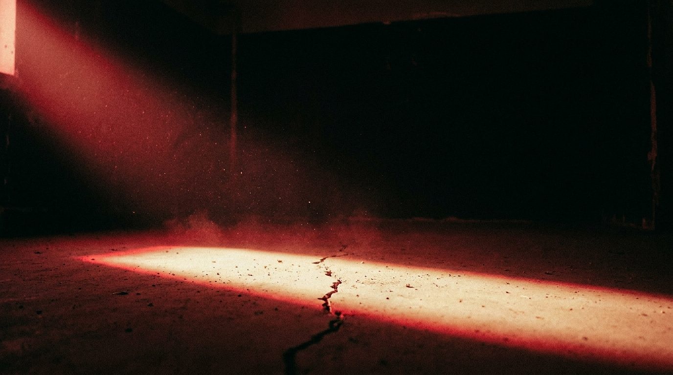 Flashlight beam in a dark room revealing a narrow gap in a floor