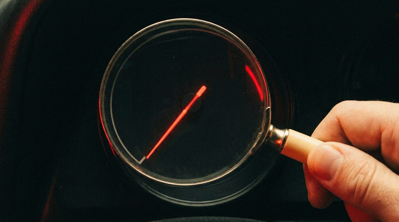 Magnifying glass held over a dark dashboard gauge, representing a marketing audit