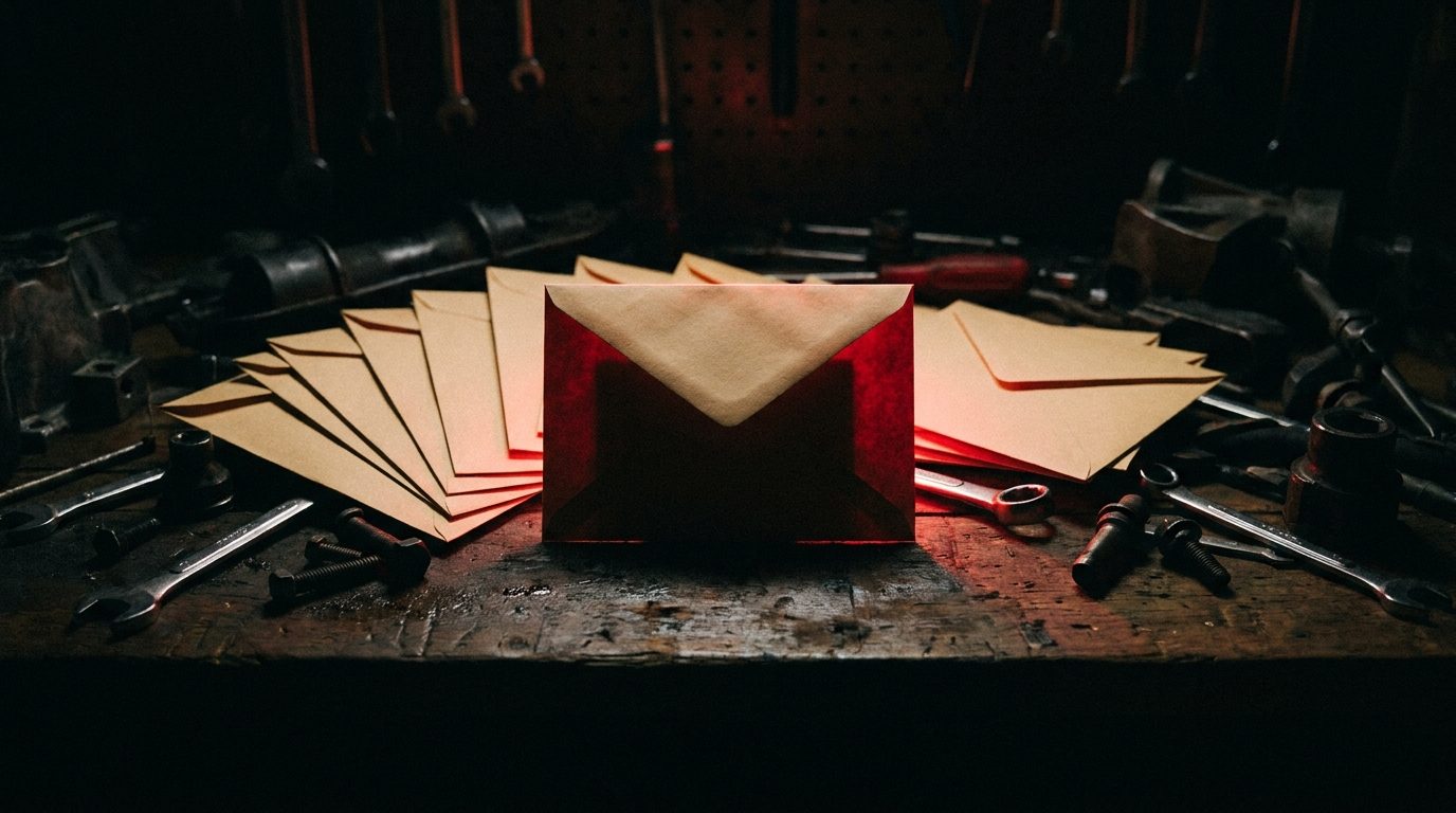 A row of blank kraft paper envelopes fanned across a dark workbench, one lit by dramatic red rim light, representing a customer list waiting to be used
