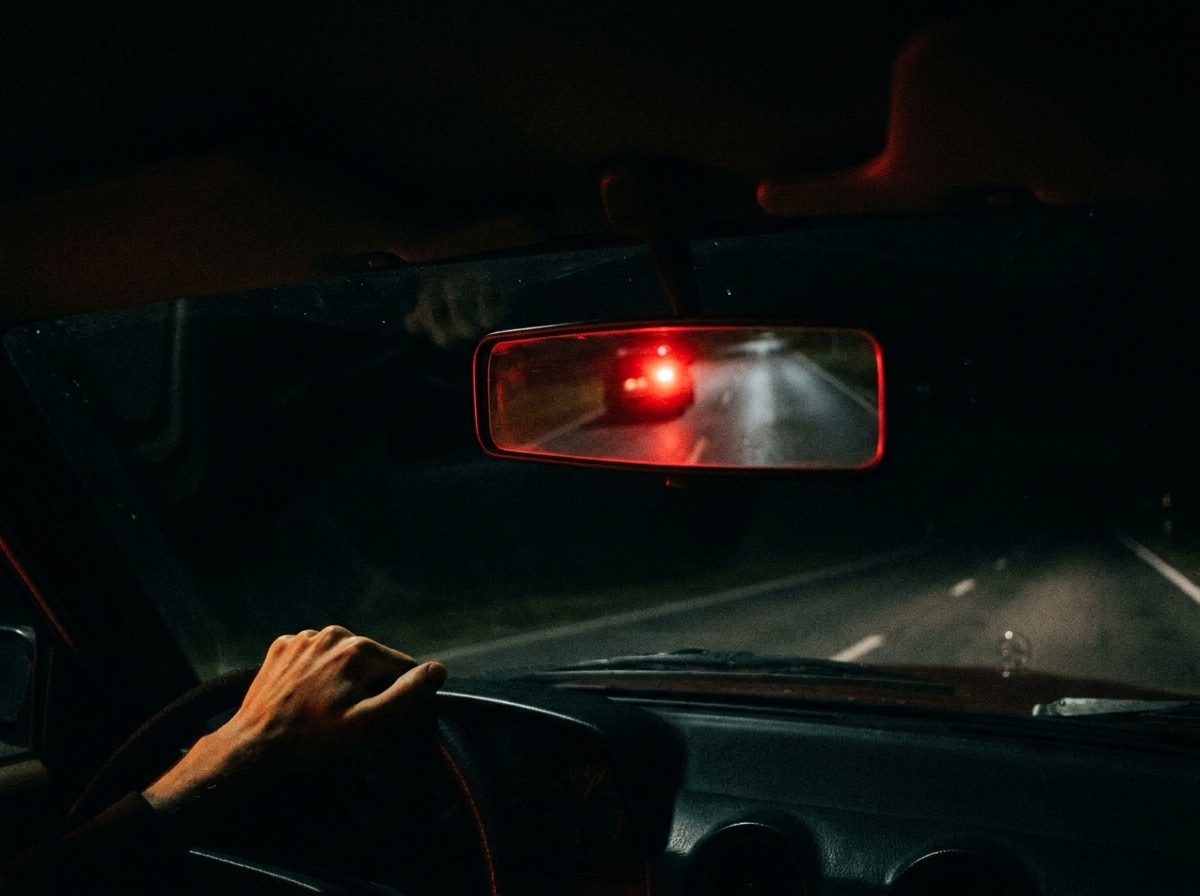 A single red brake tail light glowing in a dark rearview mirror on an empty road at night, dramatic low-key lighting, representing winning back a customer who drove away