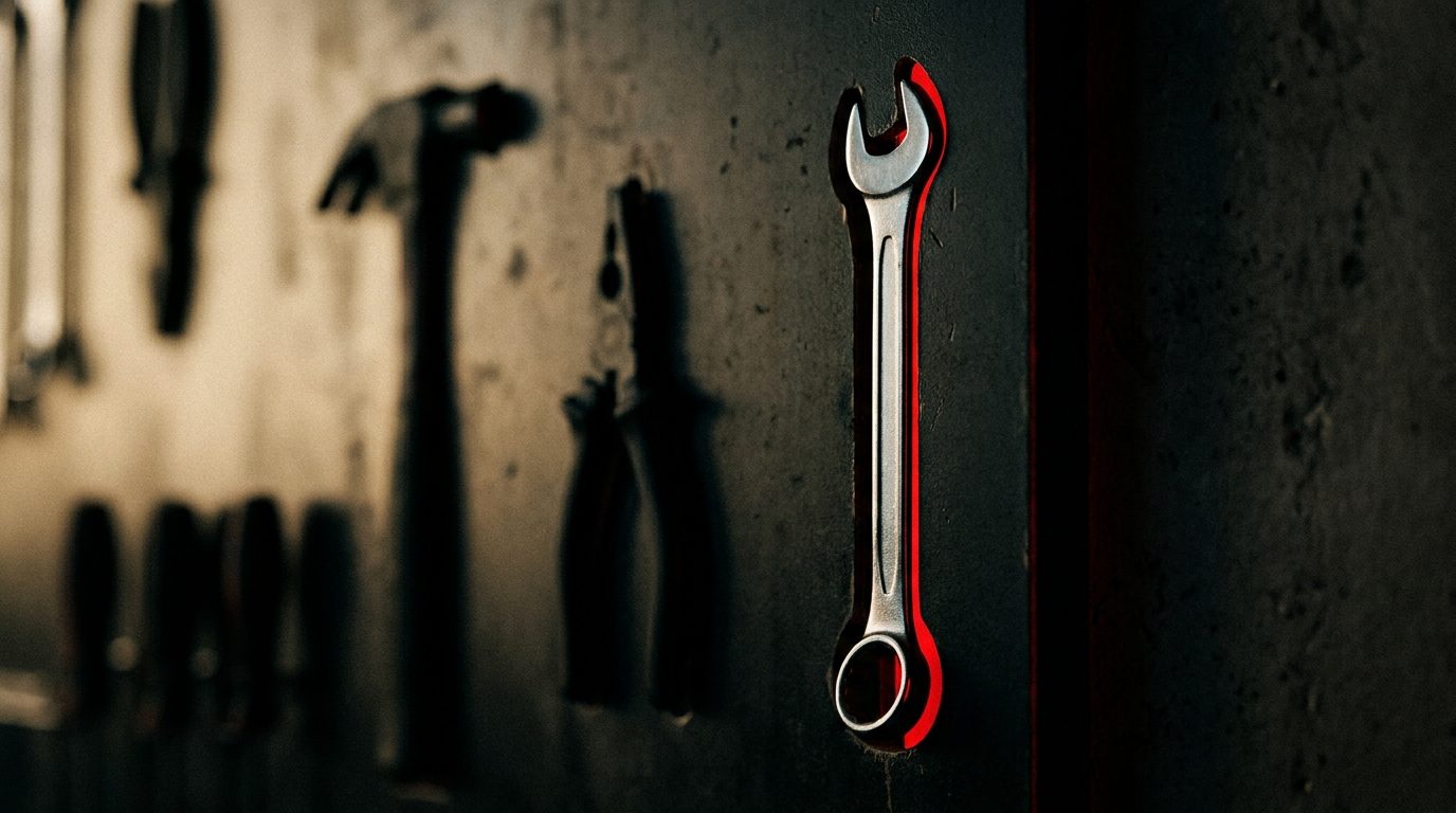 A single worn wrench returning to its exact outline on a dark shadow-board tool wall, lit by dramatic red rim light, representing a customer coming back to the shop that already earned their trust