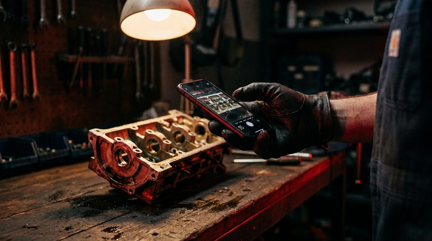 A mechanic's gloved hand holding up a phone to photograph a worn engine part on a workbench under warm work light