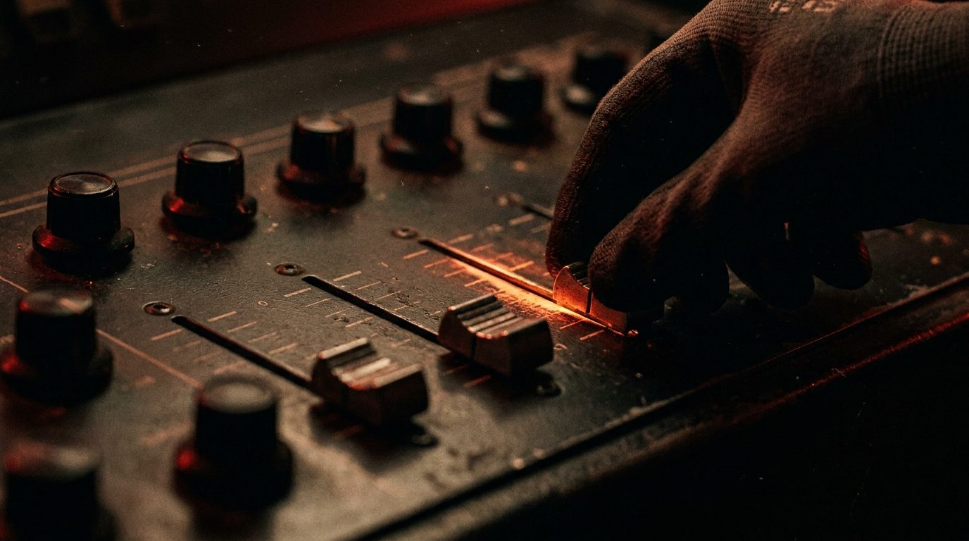 A dark control panel with a row of unmarked sliders, one glowing red, dramatic low-key lighting, shallow depth of field, film grain