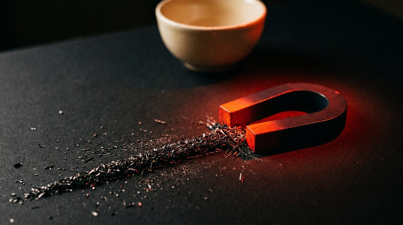 A red-lit magnet pulling scattered dark metal shavings into an aligned line on a matte black surface