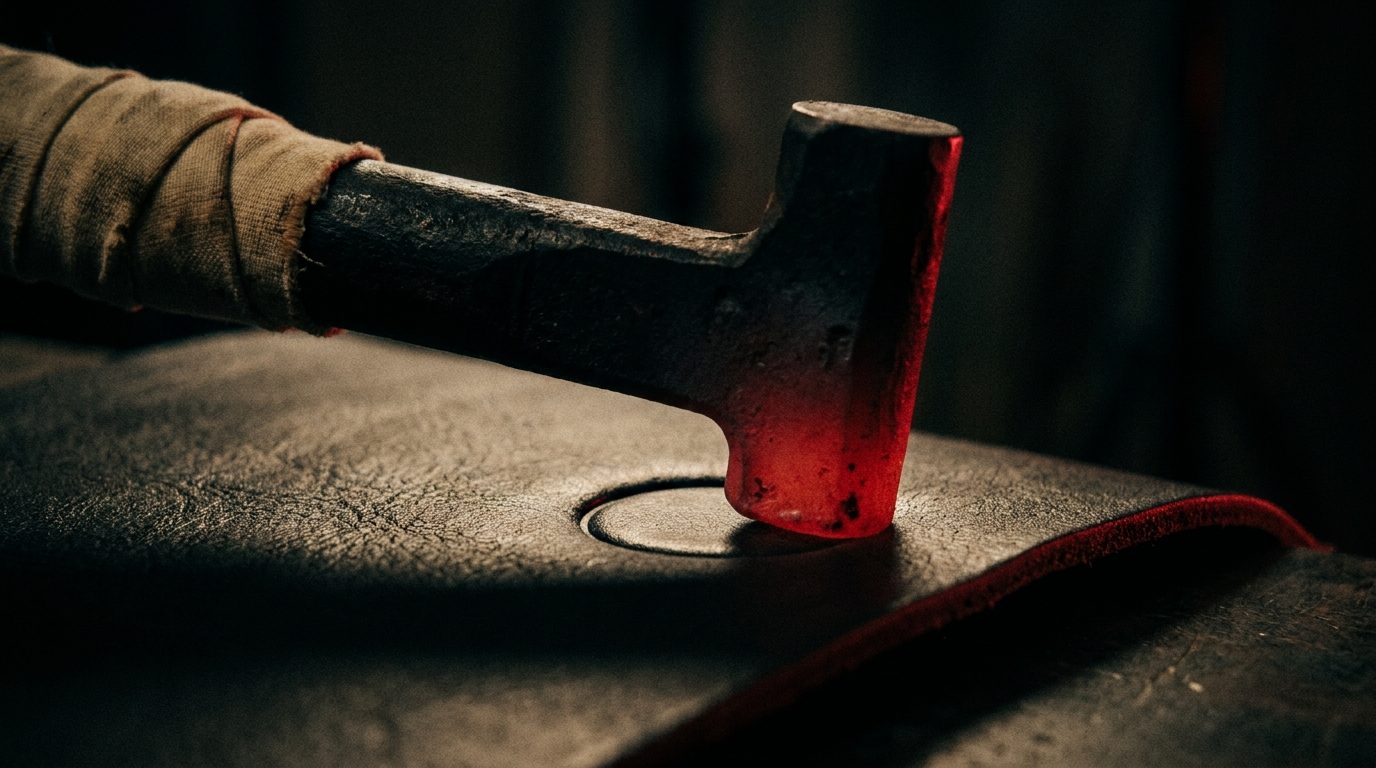 A red-glowing stamp pressing a plain unmarked circular impression into a dark matte surface
