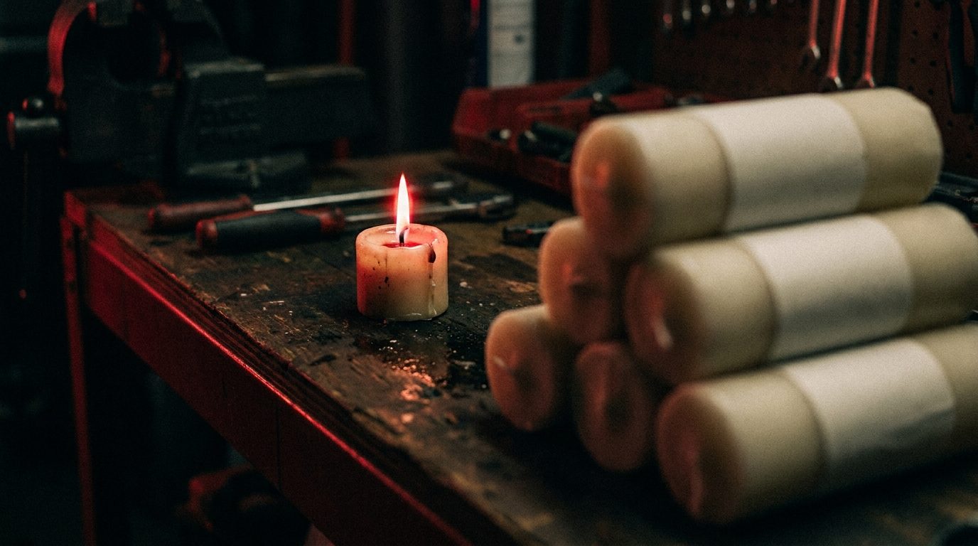 A single candle burned down to a stub, flame still lit, standing next to several fresh unused candles on a dark workbench