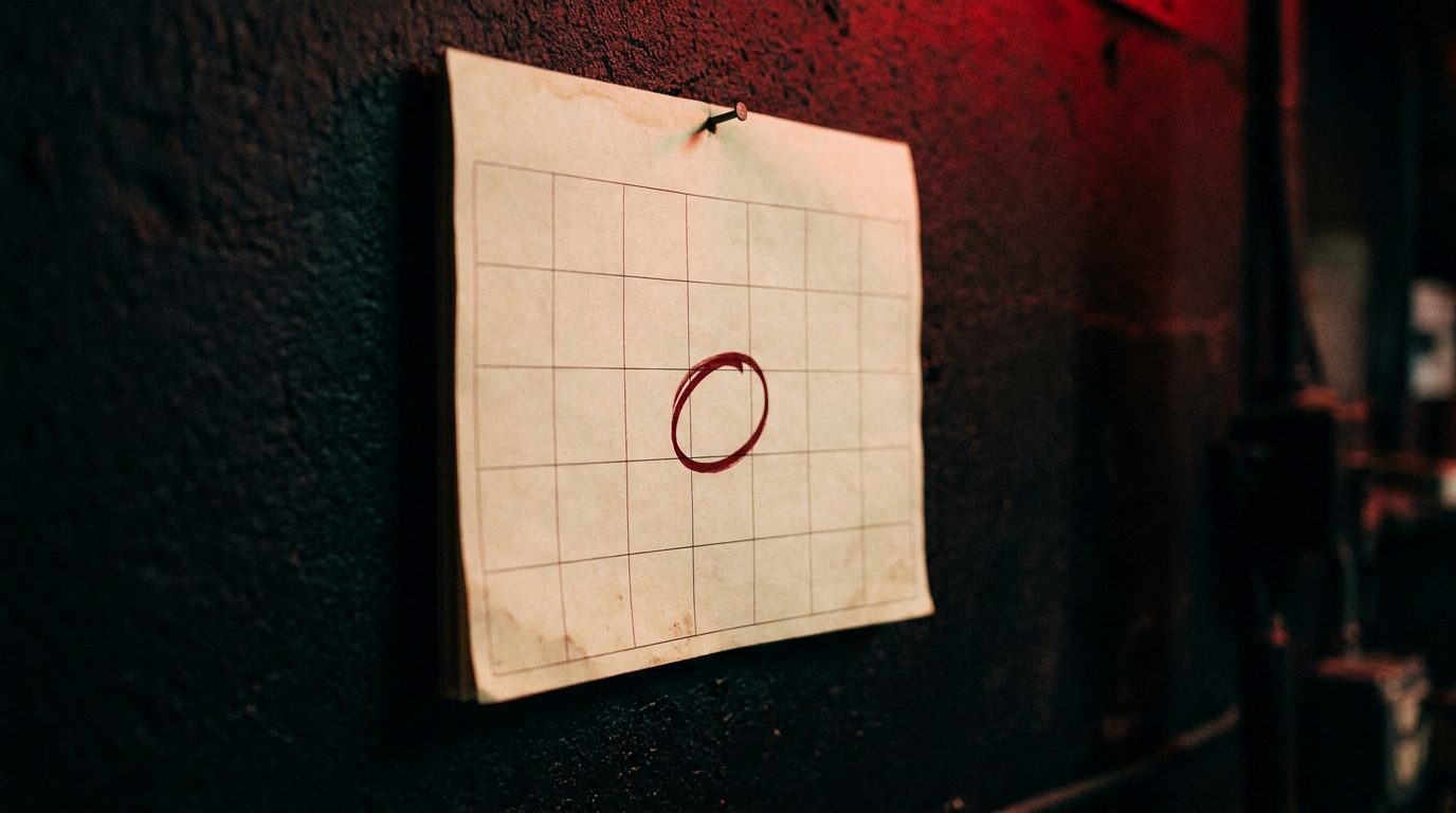 Blank wall calendar page with a single date circled in red marker, hanging in a dim garage