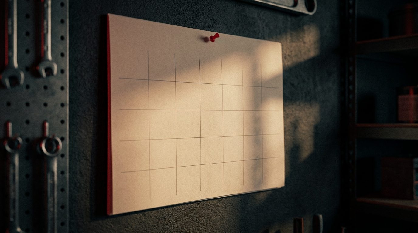 A blank wall calendar page under warm garage light with a single red pin marking one empty week