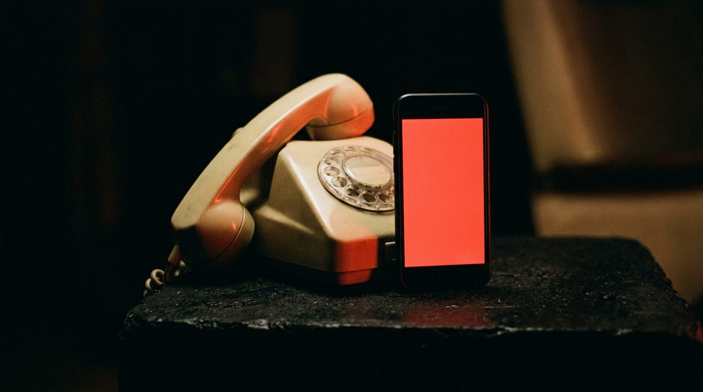 A vintage rotary phone handset resting off the hook in shadow beside a modern smartphone with a glowing red unmarked screen, warm red rim light against a dark background