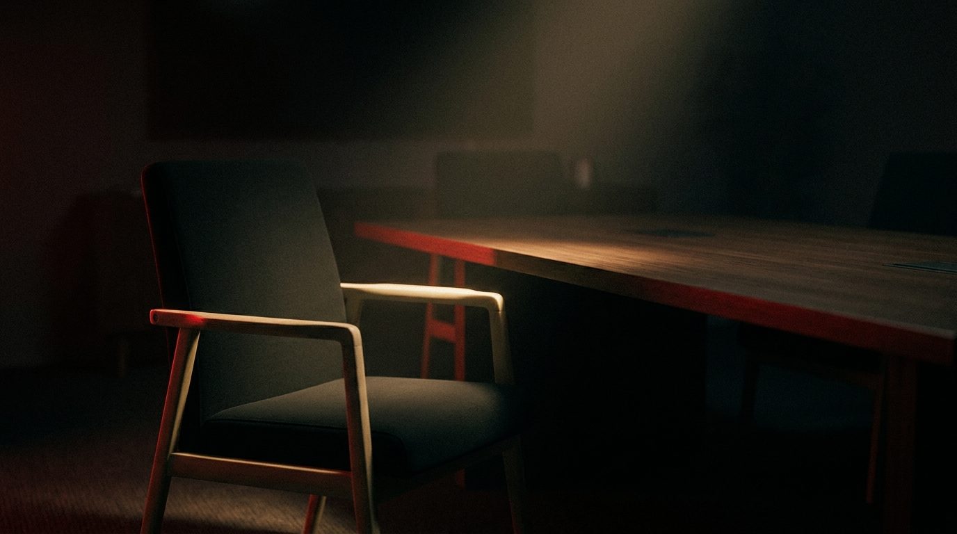 A single empty chair lit by a spotlight beam facing a dark conference table, dramatic low-key lighting with a red rim light, representing the interview before hiring a marketing agency