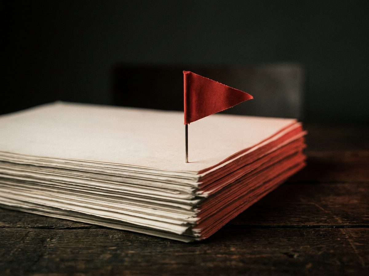 A small red flag pin planted upright in a stack of white papers on a dark table, dramatic low-key lighting with a red rim light