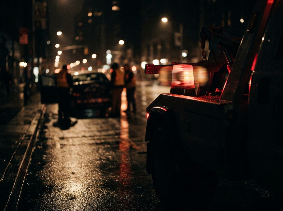 A tow truck rotating amber and red beacon light reflected in wet dark asphalt at night, dramatic low-key lighting, representing the moment a wrecked car first meets the people who decide where it goes