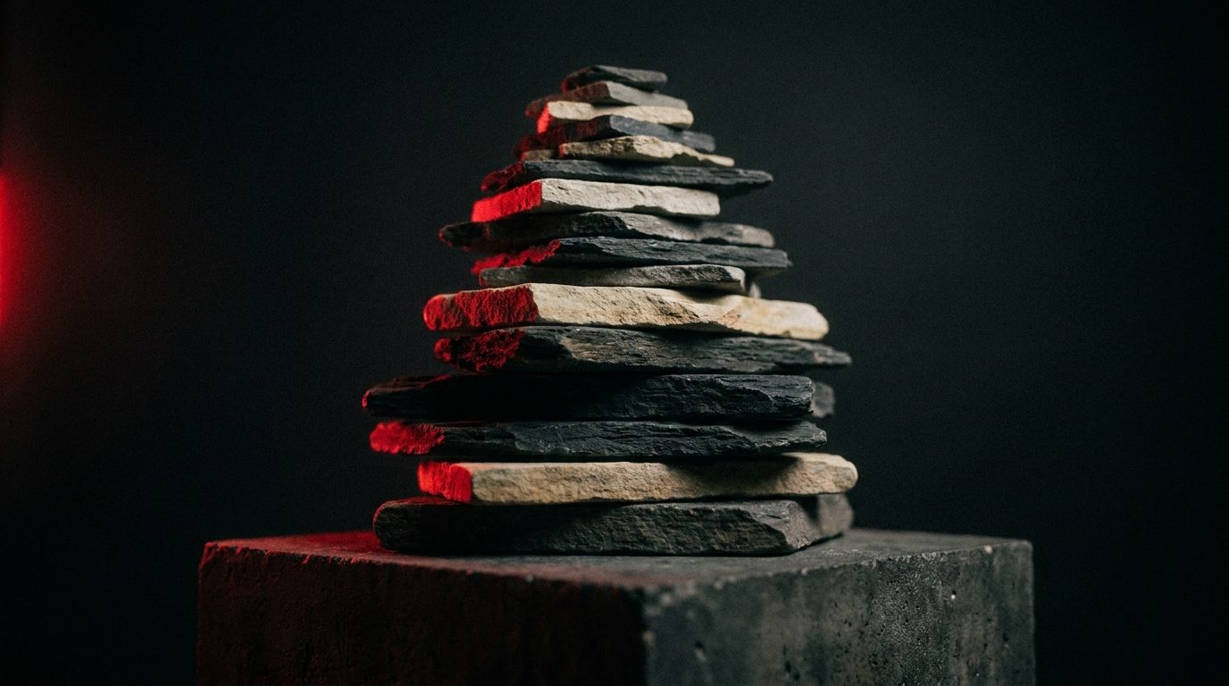 A stack of stone slabs balanced and built upward one at a time, representing compounding content