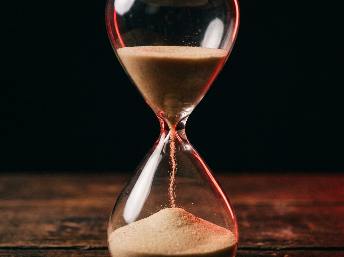 An hourglass with sand pouring through it under dramatic red rim lighting, representing patience before content marketing results appear