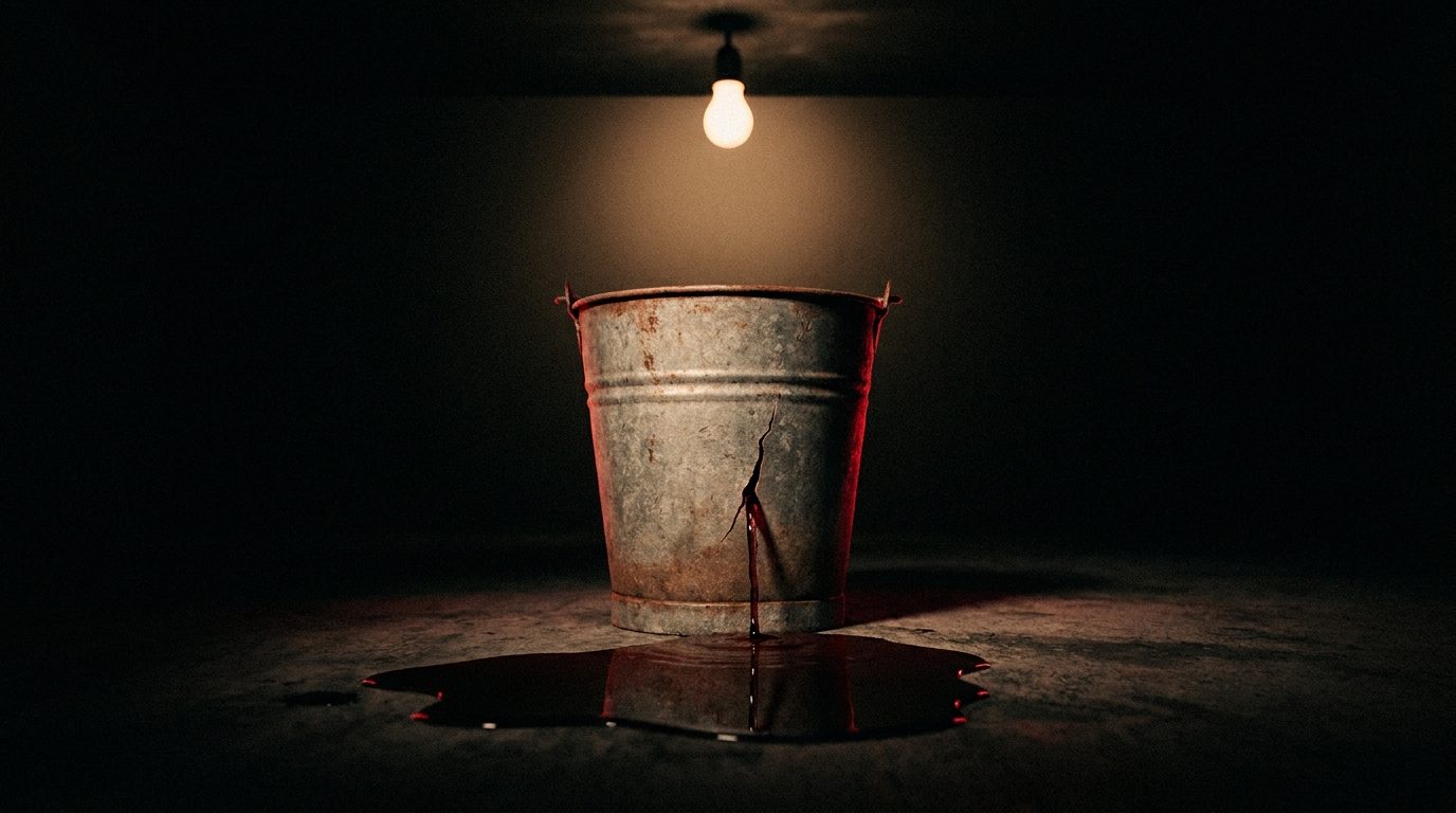A single cracked galvanized metal bucket on a dark concrete floor with red-tinted water leaking from the crack and pooling beneath it, one bare bulb lighting it from above