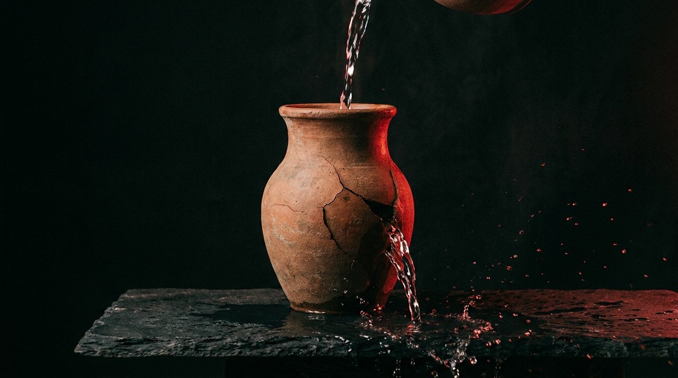 Water pouring into a cracked clay jug and leaking out the side before it fills, representing paid clicks lost between the ad and the phone call