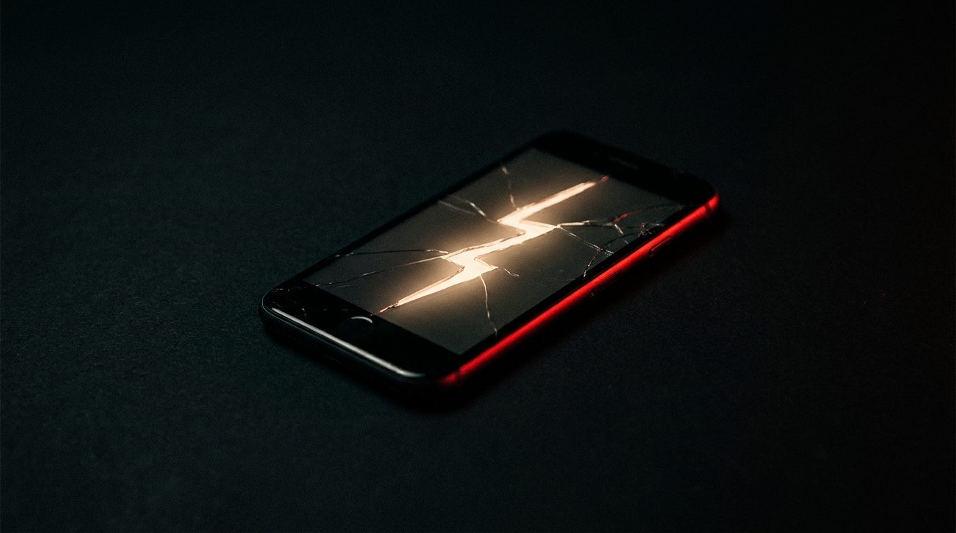 A smartphone lying face up on a dark surface with a cracked screen, warm light glowing through the crack in the otherwise dark room