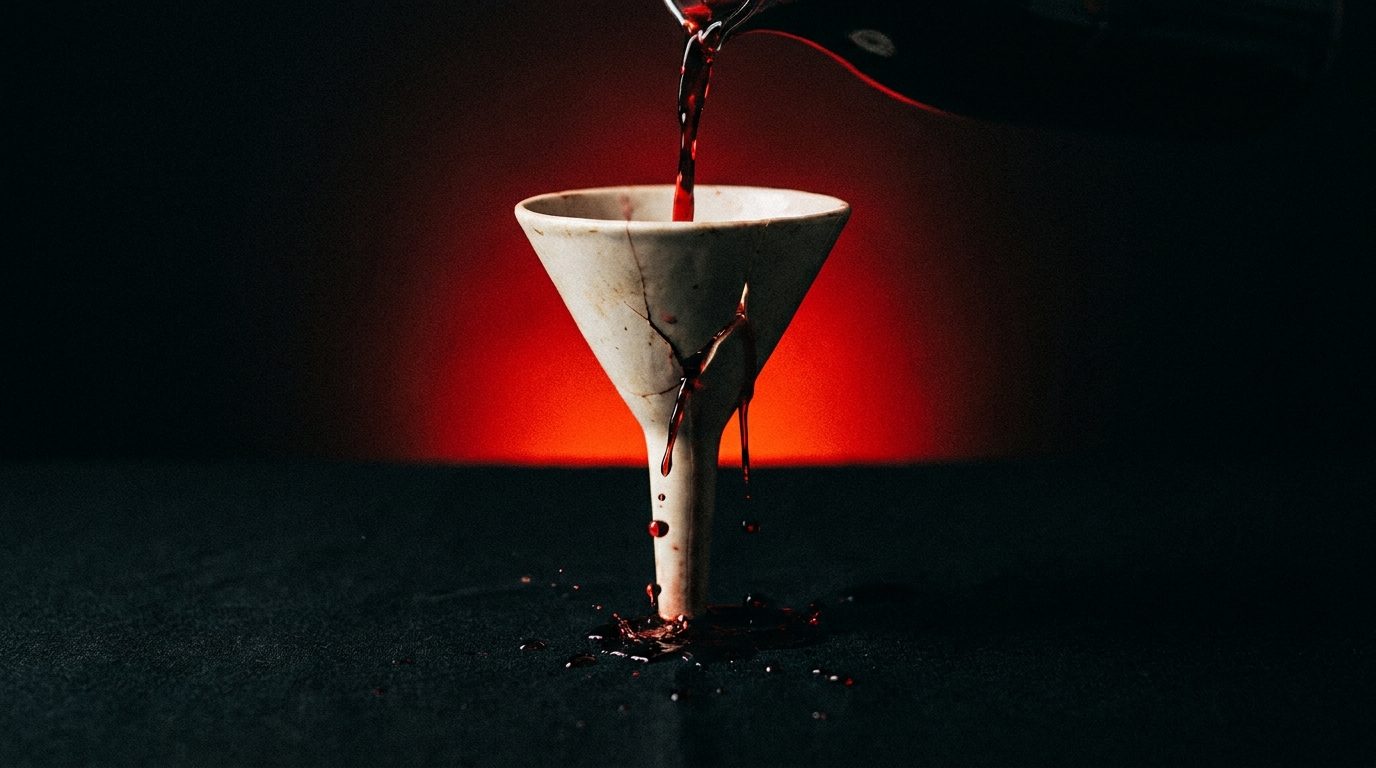 A cracked funnel leaking red liquid, representing leads lost from a broken conversion path