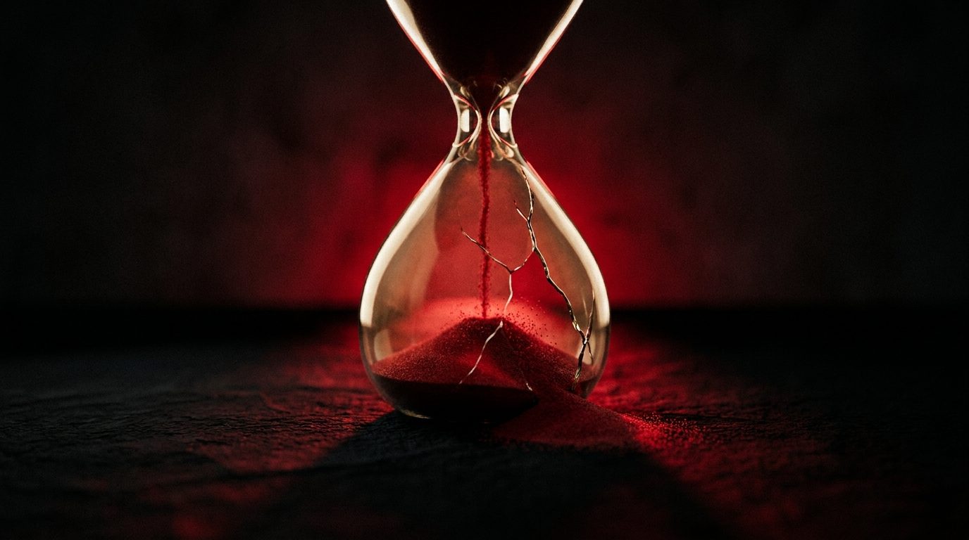 A cracked hourglass with red sand spilling out, representing seconds lost to a slow-loading website