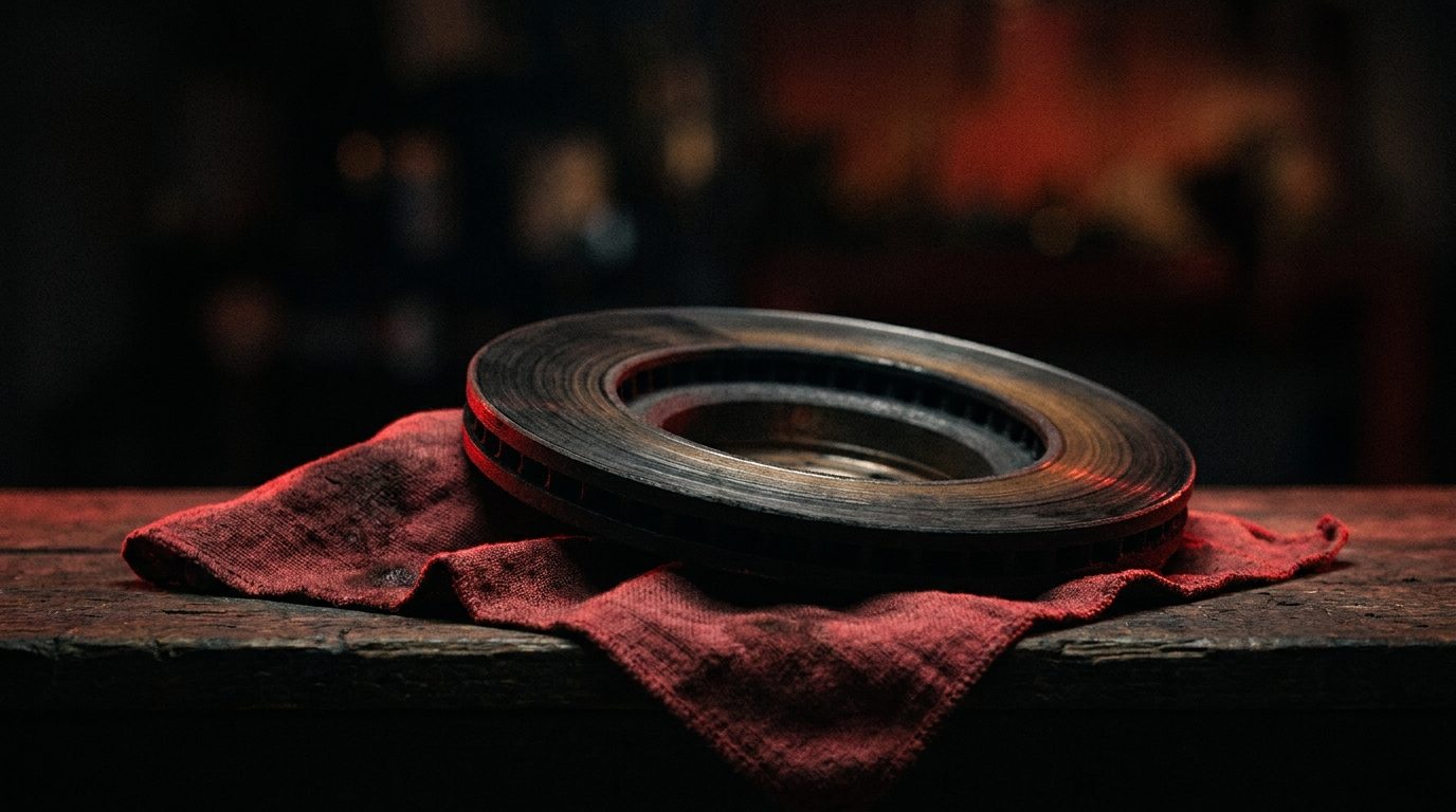 A worn brake rotor resting on a folded red shop rag on a dark workbench, a vehicle blurred on a lift in the background, dramatic low-key lighting