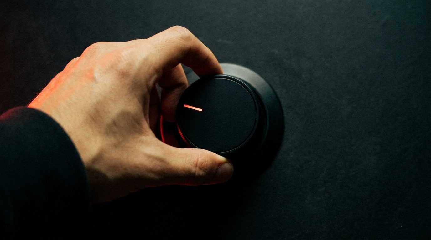 A close-up of a hand turning a dark analog dial partway up, a single thin red indicator line glowing against an otherwise blank unmarked face, dark moody lighting