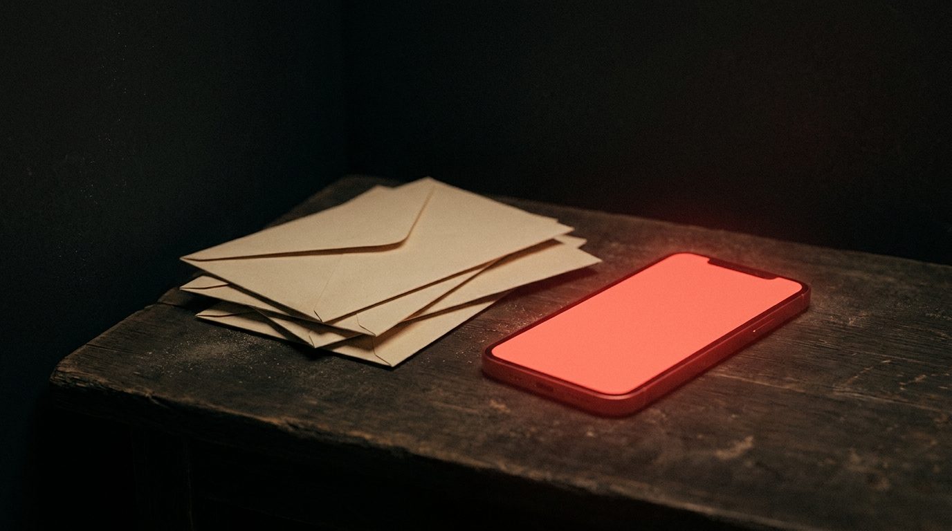 A small dusty stack of plain unmarked envelopes sitting beside a smartphone glowing with a plain warm red light on a dark wooden table