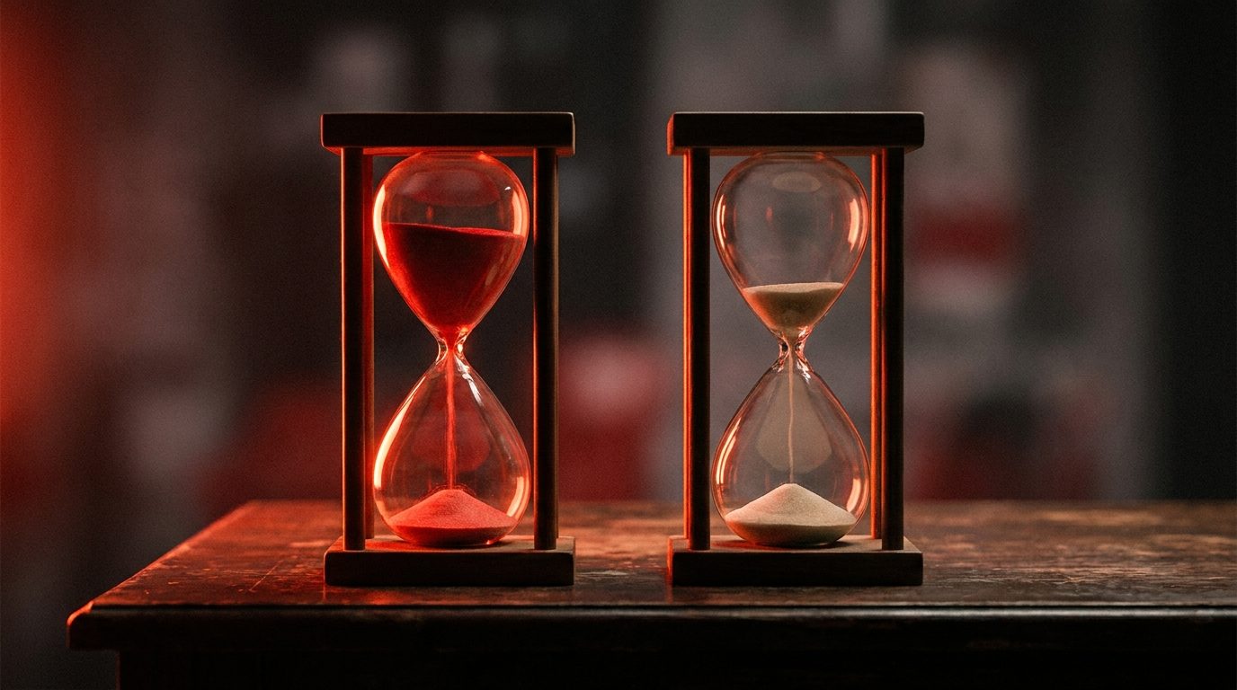 Two identical hourglasses side by side on a dark wooden table, one with sand flowing quickly and tinted red, the other barely trickling