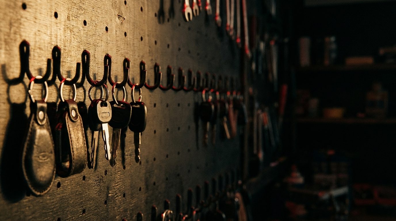A row of car keys hanging on a dark wooden pegboard under a warm shop light, several hooks in the middle bare and empty where keys are missing