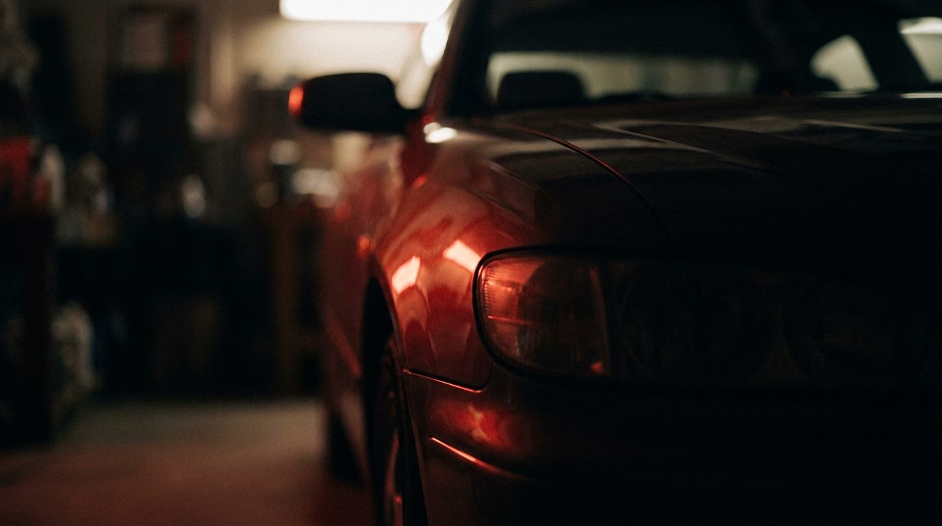 A European luxury sedan grille in soft focus at dusk with warm red rim lighting, no visible badges or logos