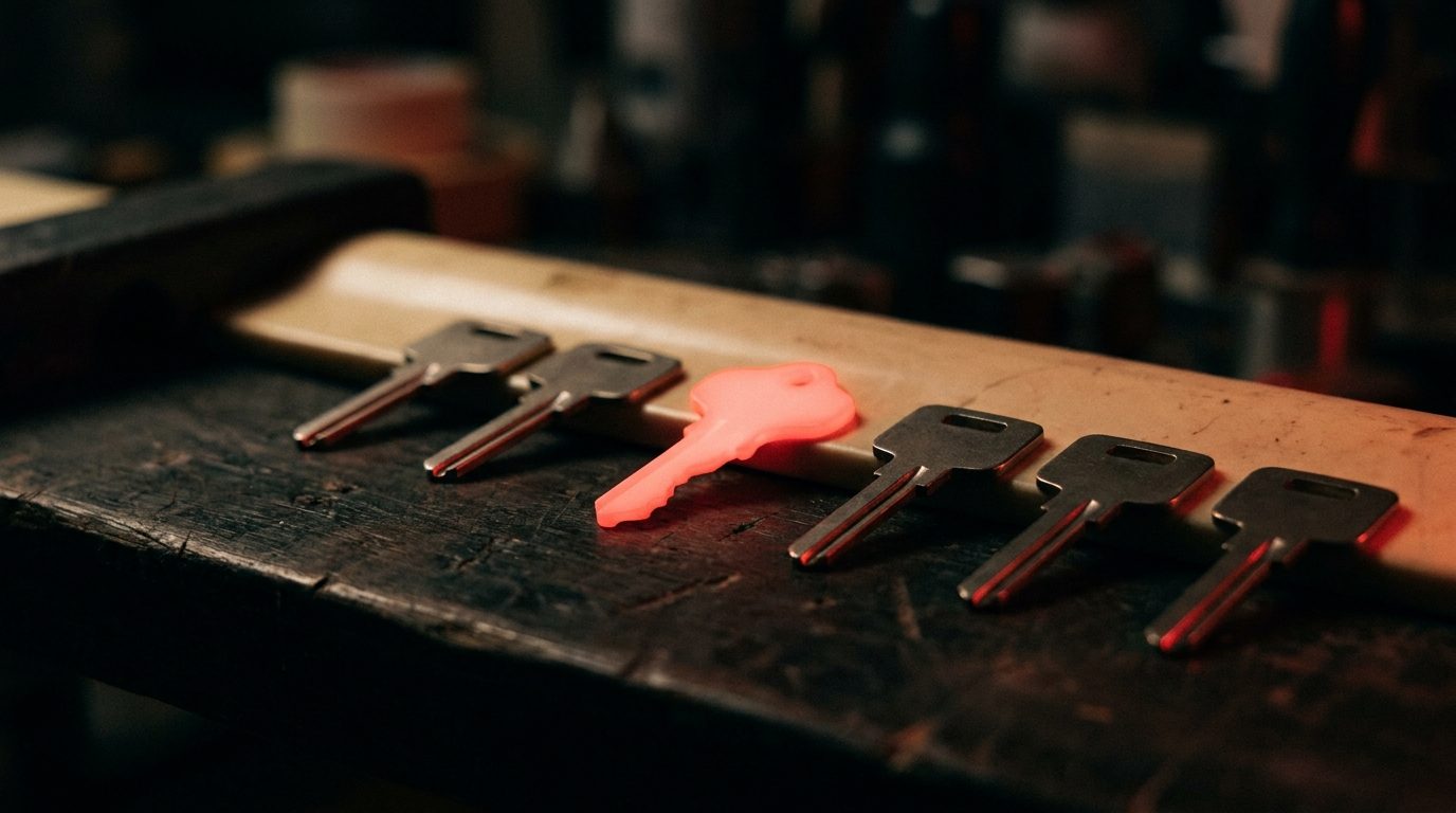 One uniquely cut key glowing red resting among a row of identical blank keys on a dark workbench