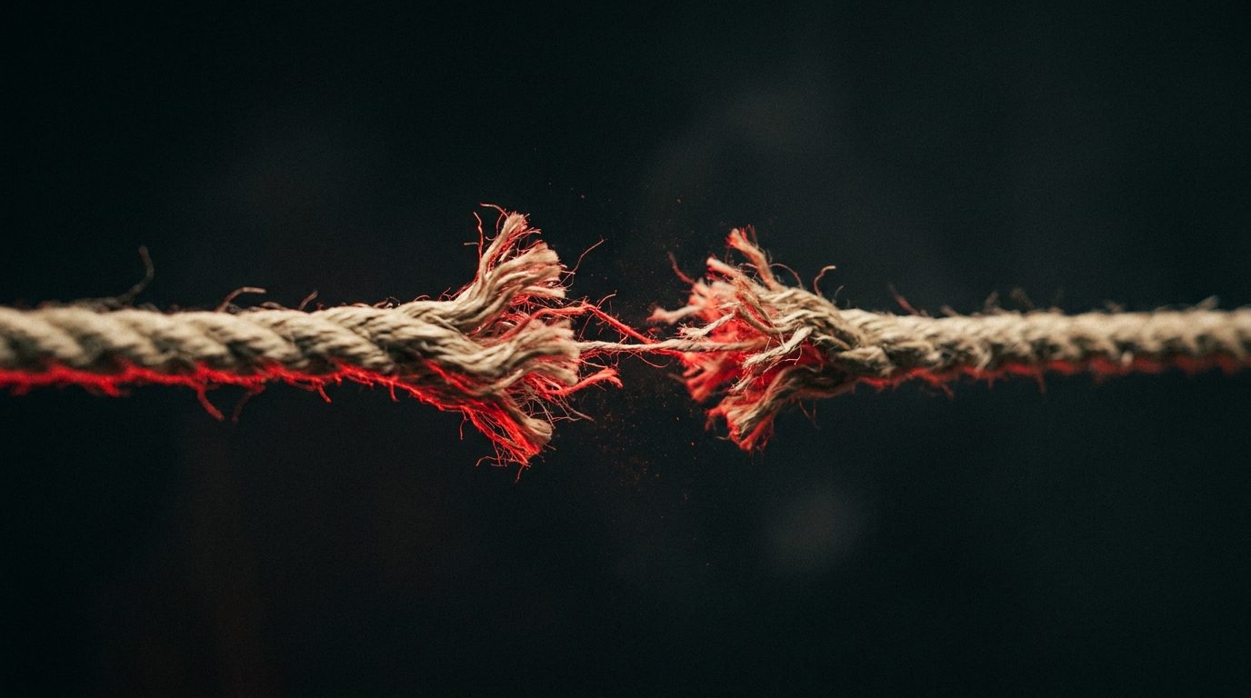 A frayed cord snapping cleanly under dramatic red light, representing severing a marketing agency relationship