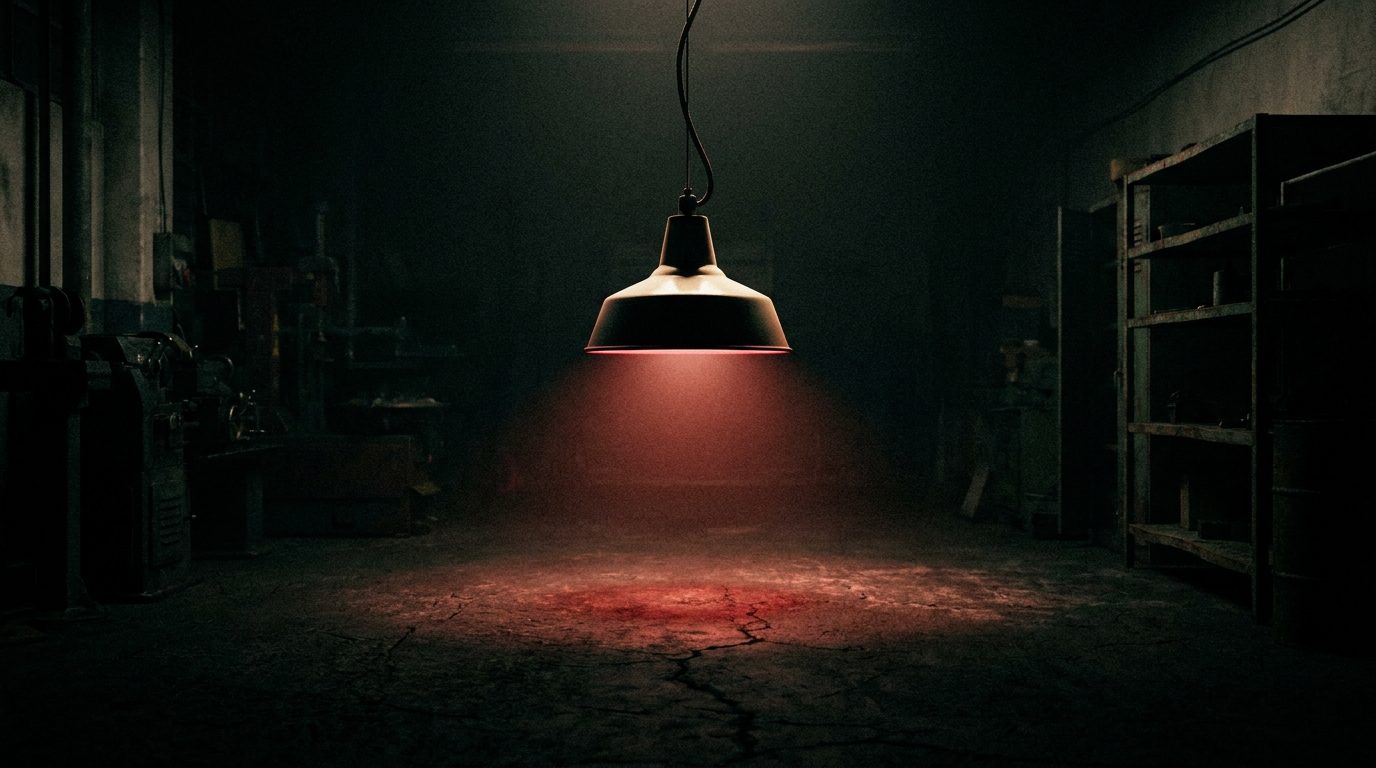 A funnel-shaped shop light directing a single beam onto one spot on a dark floor, representing a focused ad funnel