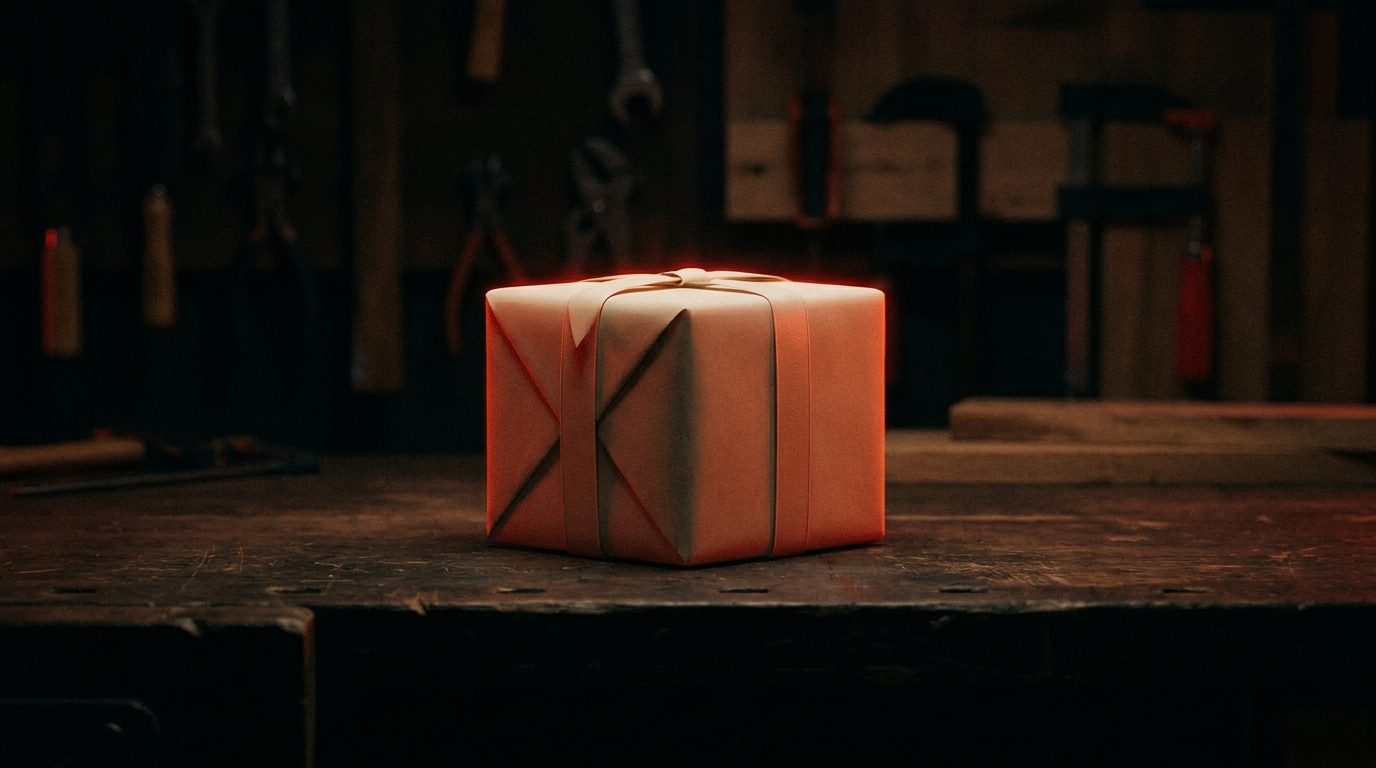 A single ribbon-tied gift box on a dark workbench, representing a first-time customer offer