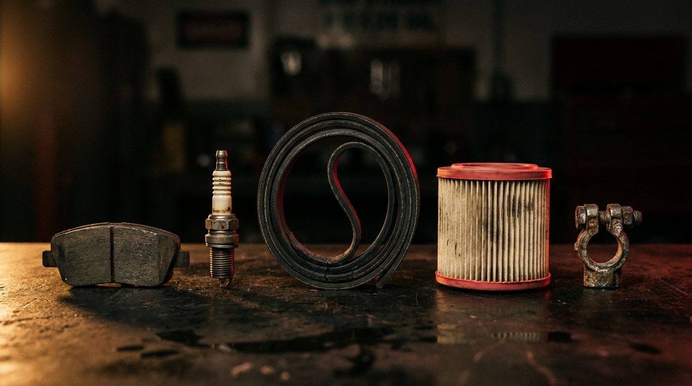 Five different worn auto parts arranged in a row on a dark workbench under warm side light, unmarked and unlabeled