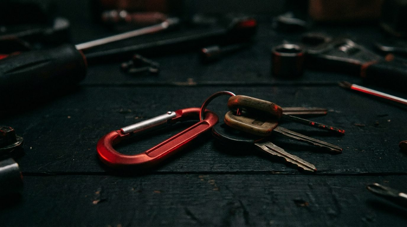 A heavy red carabiner keyring holding a cluster of plain unmarked vehicle keys, resting on a dark workbench