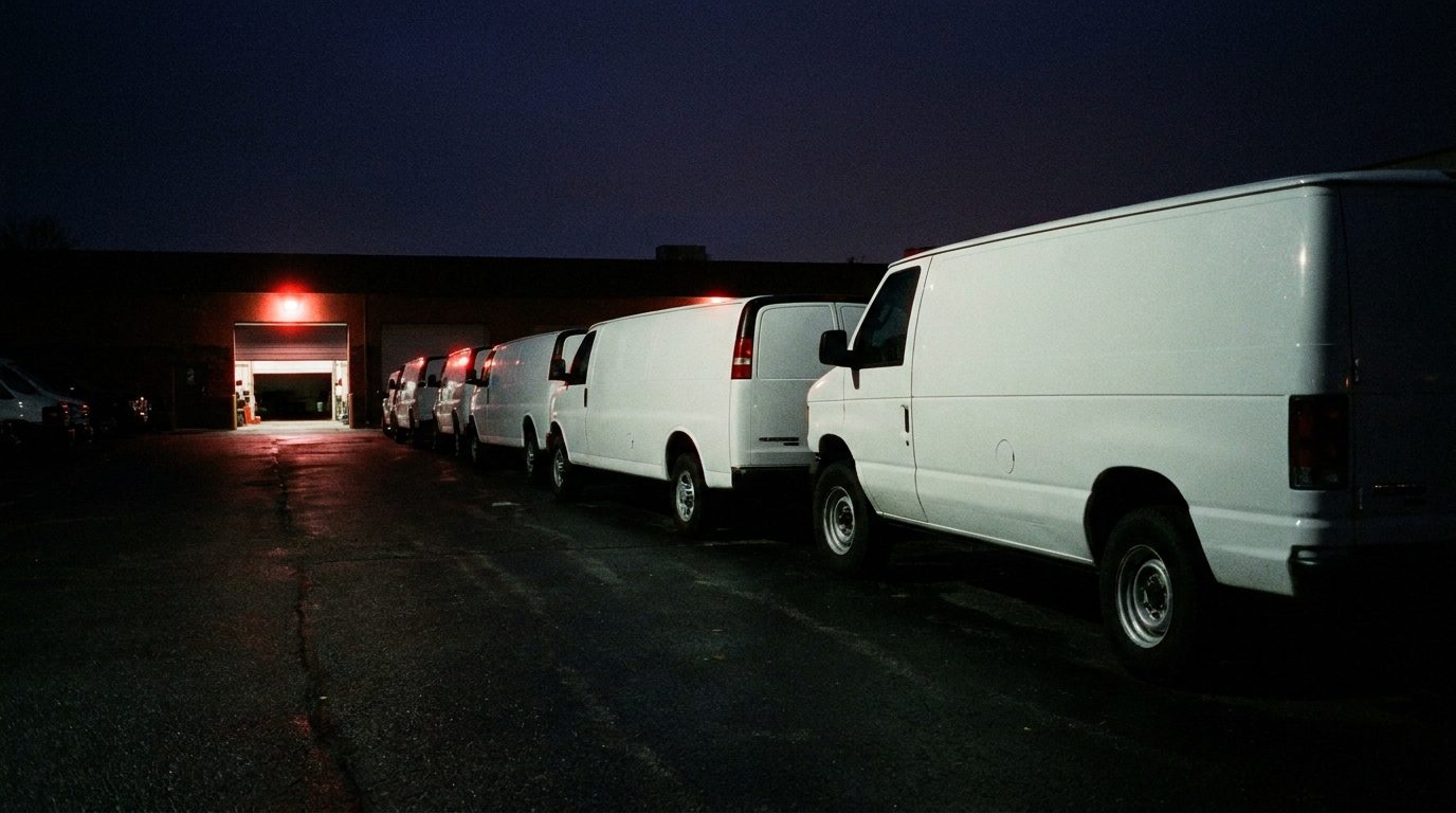 A row of identical white work vans parked in a dim lot at dawn, one garage bay door glowing warm red in the distance