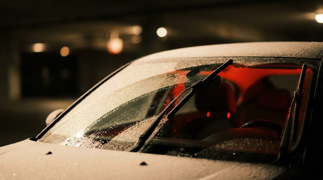 A frosted car windshield at dawn with a single wiper blade lifted, clearing a narrow path of melted frost with a warm red glow coming through from inside