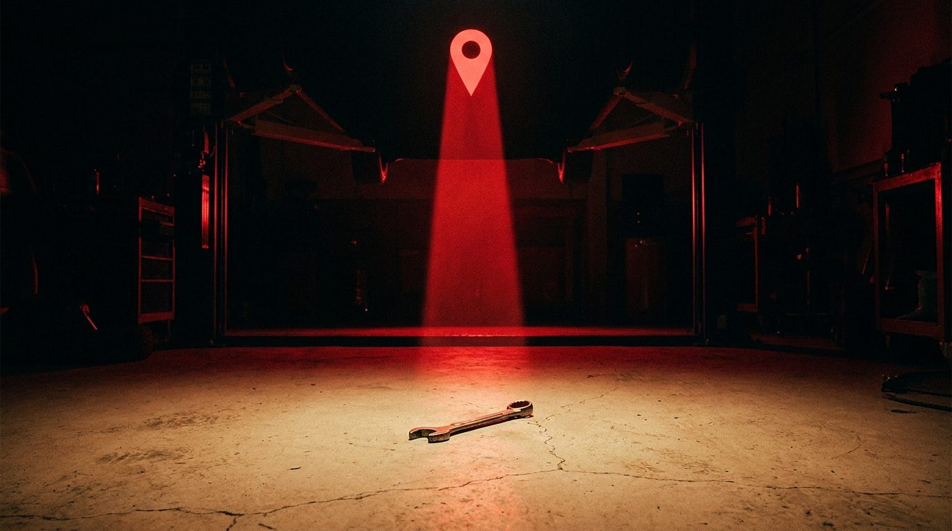 A beam of red light shaped like a map pin cutting through a dark auto repair bay, illuminating a wrench on the floor