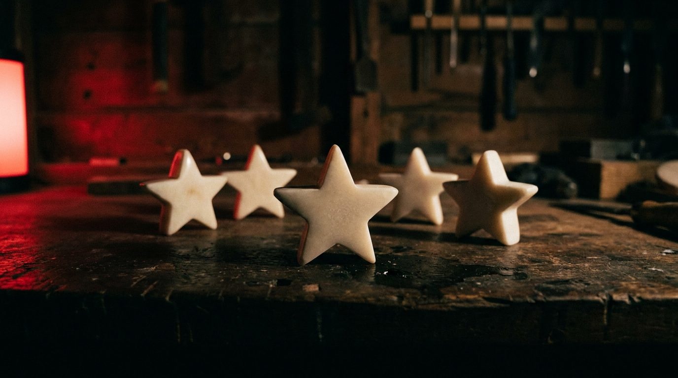 Five bone-colored stars arranged in an arc on a dark workbench, lit by a single dramatic red rim light