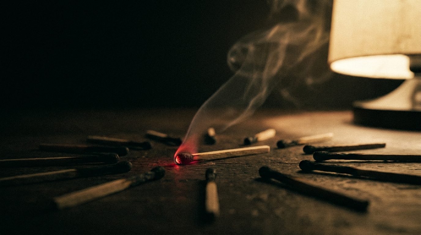 A single wooden matchstick still glowing red at its tip, surrounded by several other matchsticks that have already fully burned out, on a dark surface under warm lamp light