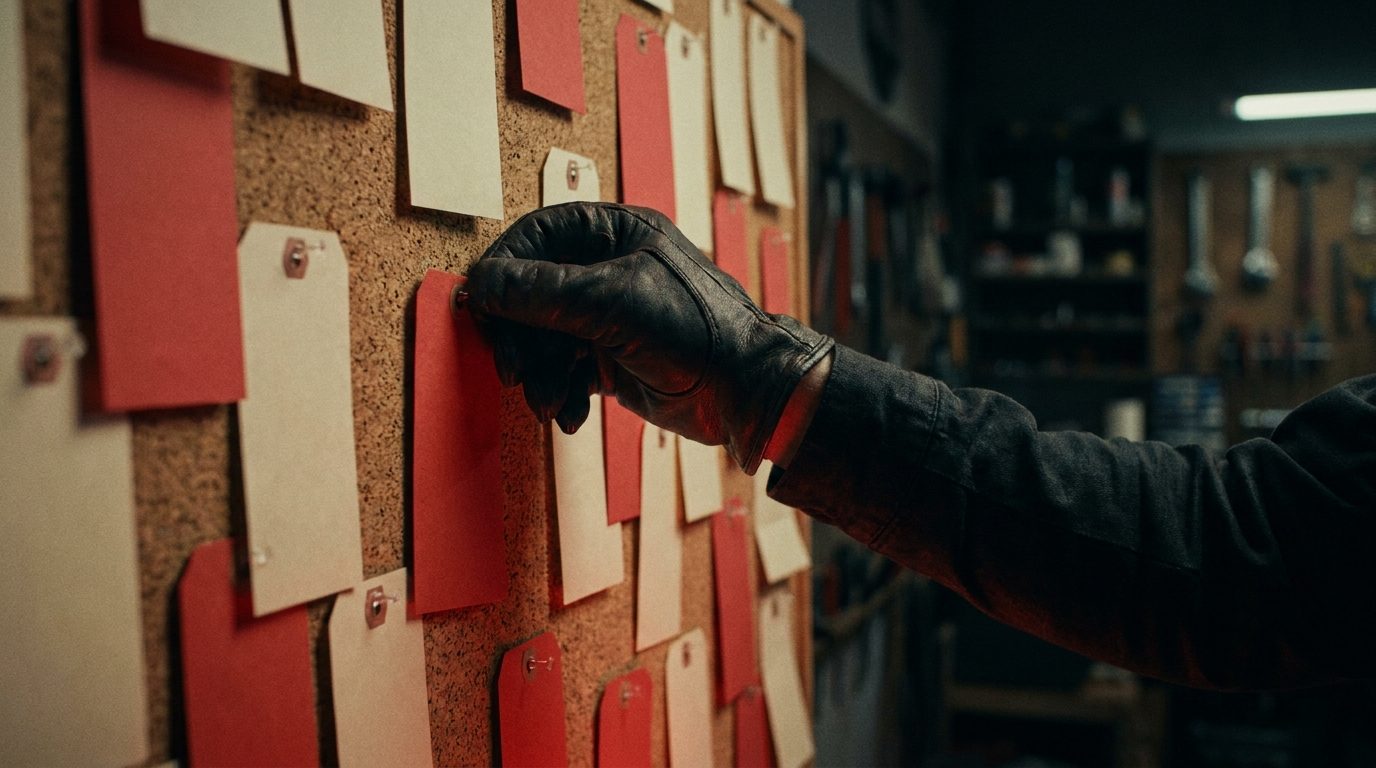 A gloved hand pinning a red paper work order onto a corkboard already filled with several tickets