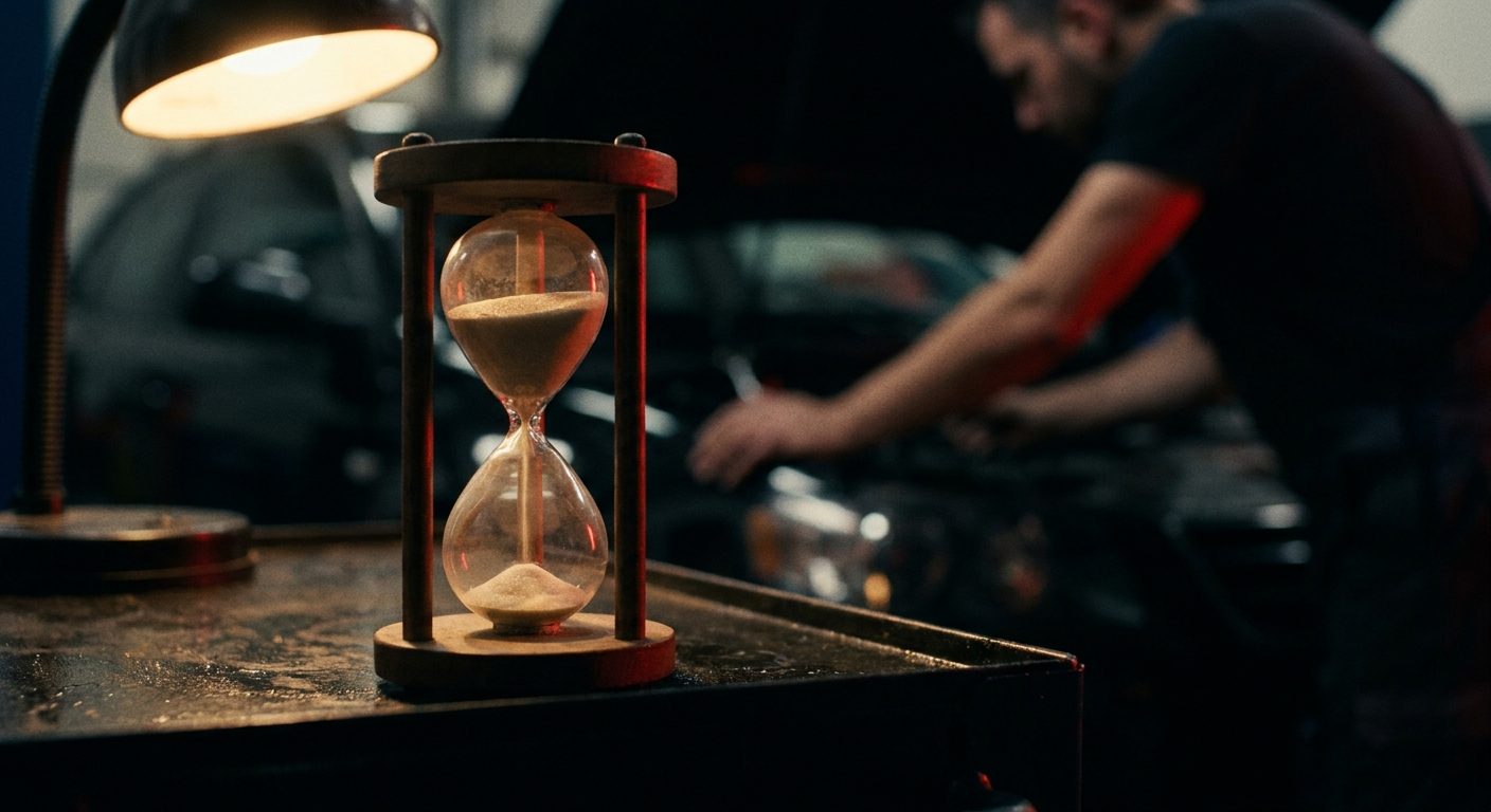 A small hourglass with sand mid-flow resting on a dark workbench under warm lamp light, a blurred mechanic working on a car in the background