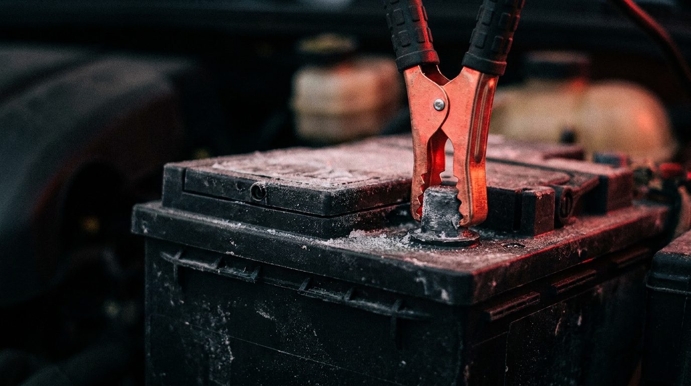 A jumper cable with a glowing red clamp gripping a frost-covered car battery terminal on a dark workbench