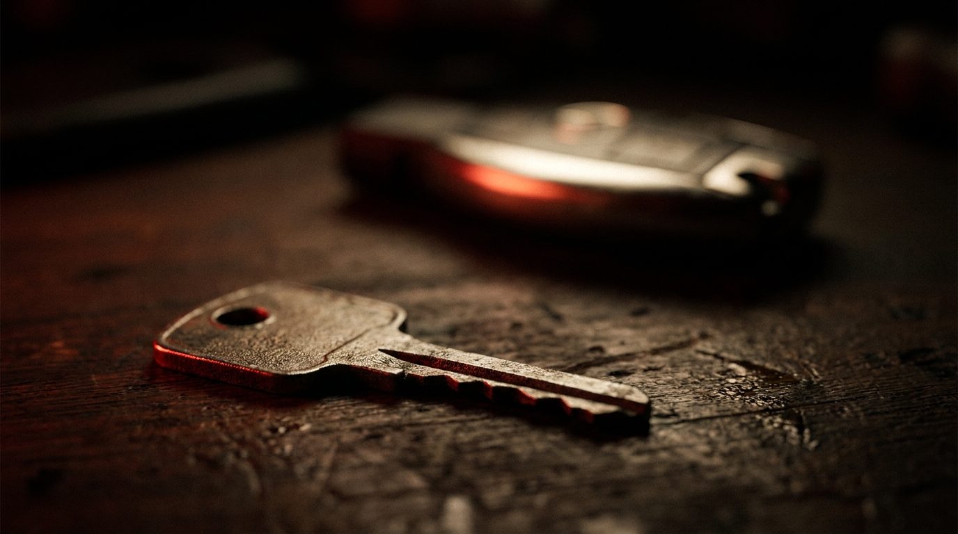 A plain shop key resting in sharp focus on a dark workbench next to a blurred luxury car key fob, dramatic low-key red rim lighting