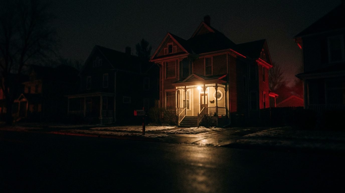 A single porch light glowing against a dark neighborhood street, representing one visible local business standing out from the rest