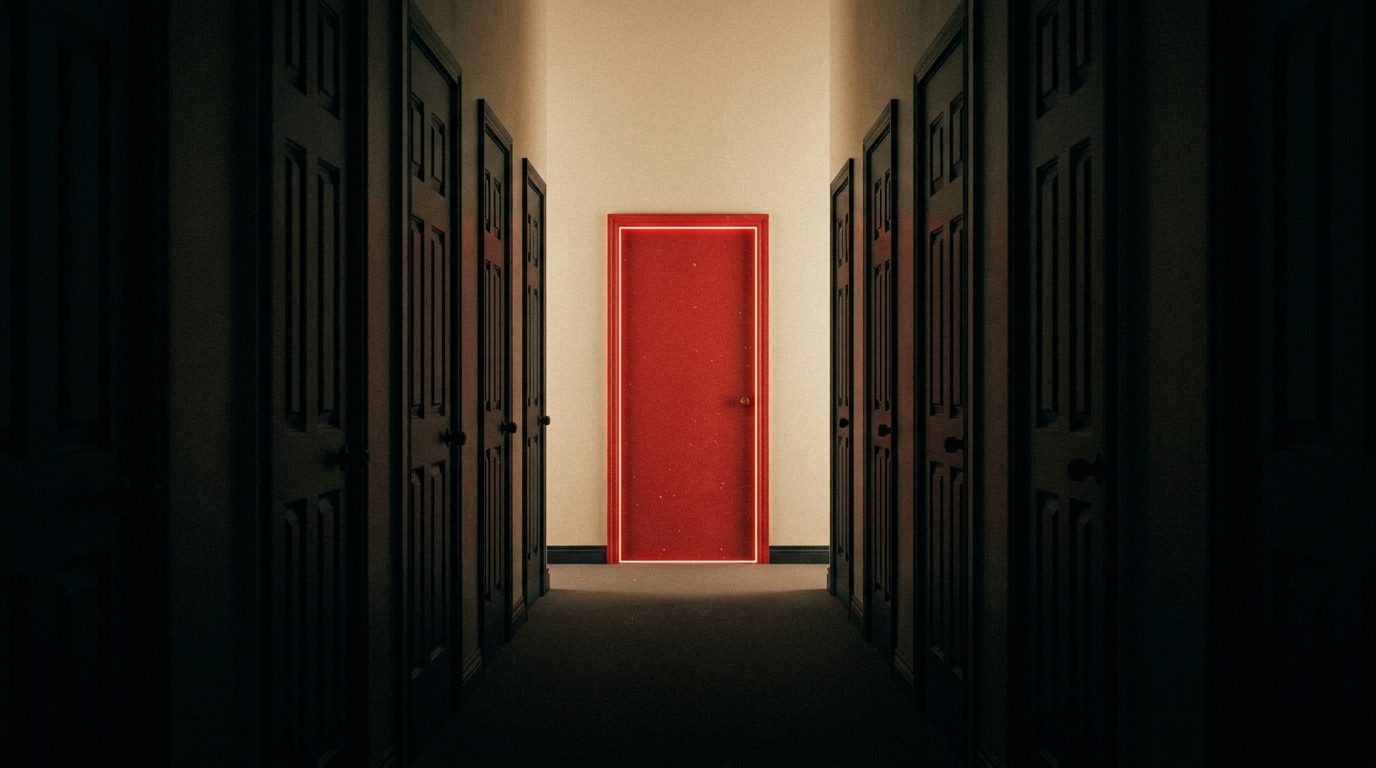 A single glowing red door lit at the end of a long dark hallway lined with closed black doors, representing one focused landing page versus a website full of options